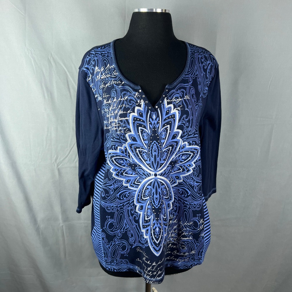 Karen Scott Blouse Top Womens XL Navy Blue Mandala Script Rhinestone V Neck